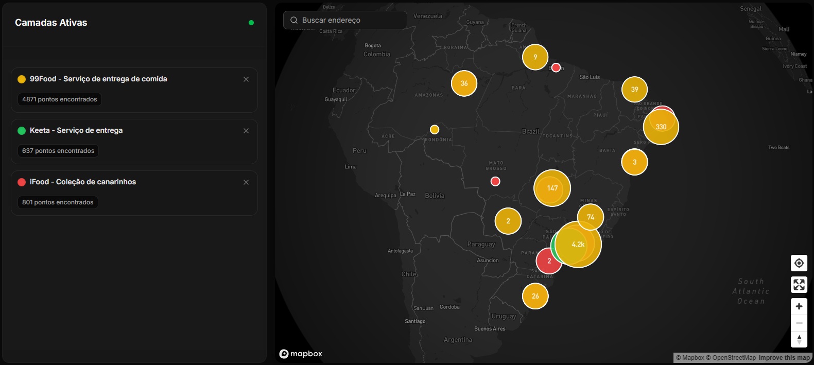 Mapa de calor nacional da plataforma VitrineOOH com pontos de mídia capturados em todo o Brasil