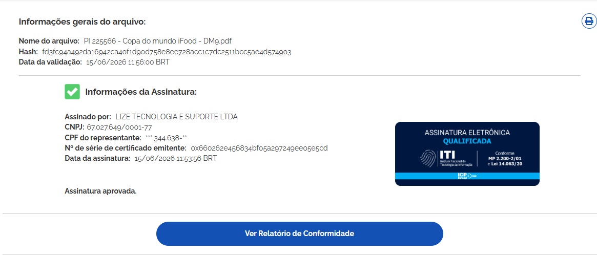 Validação no site oficial do governo gov.br (validar.iti.gov.br) confirmando que a assinatura digital da VitrineOOH foi aprovada, com certificado ICP-Brasil e Assinatura Eletrônica Qualificada